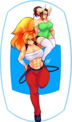 Rule 34 | abs, bandages, blue eyes, brown hair, carrying, dress, eyepatch, glasses, green dress, highres, horns, muscular, muscular female, orange hair, pants, red pants, sitting, sitting on person, zess (zesty jesus)