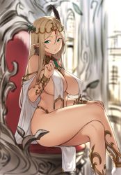 Rule 34 | 1girl, bare legs, bare shoulders, blonde hair, blurry, bracelet, breast curtains, breasts, circlet, cleavage, closed mouth, commentary, depth of field, earrings, elf, english commentary, covered erect nipples, feet out of frame, green eyes, hair ornament, hand on own knee, highres, houtengeki, houtengeki&#039;s elf girl, indoors, jewelry, large breasts, leaf hair ornament, crossed legs, long hair, looking at viewer, navel, no bra, original, pointy ears, revealing clothes, sideboob, sidelocks, sitting, solo, straight hair, throne, very long hair, white legwear
