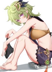Rule 34 | 1girl, alternate costume, arm on knee, bandeau, bare arms, bare legs, bare shoulders, barefoot, black panties, breasts, closed mouth, collei (genshin impact), cushion, expressionless, feet, genshin impact, green hair, hair ornament, highres, holding, holding clothes, holding panties, holding underwear, knees up, legs, looking at viewer, looking to the side, medium breasts, medium hair, miniskirt, panties, unworn panties, purple eyes, sidelocks, simple background, sitting, skirt, solo, thighs, toenails, toes, underwear, vayneeeee, white background