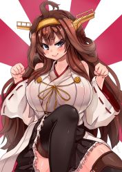 Rule 34 | 10s, 1girl, ahoge, bad id, bad pixiv id, black skirt, black thighhighs, blush, boots, breasts, brown hair, double bun, hair bun, hairband, huge breasts, kantai collection, kongou (kancolle), long hair, miniskirt, nontraditional miko, purple eyes, rising sun flag, simple background, skirt, smile, solo, sunburst, thigh boots, thighhighs, tongue, uneven eyes, white background, yukinojou yakan, zettai ryouiki