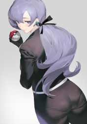 Rule 34 | 1girl, anabel (pokemon), ass, black gloves, black jacket, black pants, black ribbon, closed mouth, commentary, cowboy shot, creatures (company), dutch angle, earrings, eyebrows hidden by hair, game freak, gloves, hair ribbon, holding, holding poke ball, ikuchan kaoru, jacket, jewelry, long hair, long sleeves, looking at viewer, looking back, low ponytail, nintendo, pants, pantylines, poke ball, poke ball (basic), pokemon, pokemon sm, purple eyes, purple hair, revision, ribbon, smile, solo, very long hair