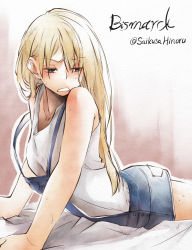 Rule 34 | 10s, 1girl, all fours, bare shoulders, bismarck (kancolle), blonde hair, character name, collarbone, denim, frown, gradient background, half-closed eyes, hinoru saikusa, kantai collection, long hair, looking away, looking to the side, on bed, overalls, solo, sweat, tank top, twitter username