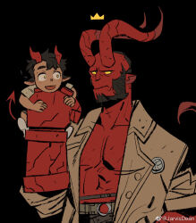 Rule 34 | 2boys, aged down, all saints street, alternate horns, bald spot, bara, black hair, blank eyes, carrying, carrying person, child, coat, colored skin, cowboy shot, crossover, curled horns, demon boy, floating crown, frown, hellboy, hellboy (comic), highres, horns, jarvisdean, large hands, large horns, male focus, mature male, multiple boys, muscular, muscular male, mutton chops, nick holt, pectoral cleavage, pectorals, red skin, short hair, trait connection, yellow eyes