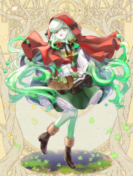 Rule 34 | 1girl, 1other, :d, basket, black bow, bow, brown footwear, cape, colored skin, cross-laced clothes, dairoku ryouhei, dress, full body, ghost, green dress, green hair, green skin, hair over one eye, heterochromia, highres, hood, hooded cape, leaf, long hair, long sleeves, open mouth, orange ribbon, pale skin, pepper tone, rai-gg, red eyes, ribbon, smile, standing, very long hair, yellow background
