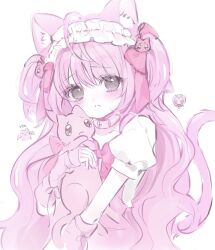 Rule 34 | 1girl, animal, animal ear fluff, animal ears, arm warmers, cat, cat ears, cat girl, cat tail, closed mouth, collar, commentary, creature and personification, emoji, english commentary, frilled hairband, frills, frown, grey eyes, hair ribbon, hairband, hand up, highres, holding, holding animal, holding cat, long hair, looking at viewer, mipi (u3u 00), needy girl overdose, personification, pien cat (needy girl overdose), pink collar, pink hair, pink ribbon, pleading face emoji, puffy short sleeves, puffy sleeves, ribbon, short sleeves, solo, tail, tearing up, two side up, upper body, white background, white hairband