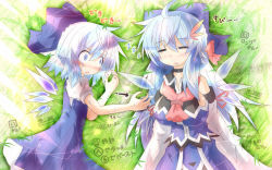 Rule 34 | 2girls, ahoge, alternate breast size, blue eyes, blue hair, blush, bow, breast envy, breasts, cirno, cirno-nee, detached sleeves, drooling, closed eyes, gameplay mechanics, grass, hair bow, hair ornament, health bar, large breasts, long hair, long sleeves, lying, multiple girls, neckerchief, aged up, on back, on side, open mouth, outstretched arm, outstretched hand, puffy sleeves, shirt, short hair, short sleeves, skirt, skirt set, sleeping, time paradox, touhou, translation request, trembling, vest, wide-eyed, wings, yurume atsushi, zzz