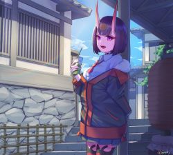 Rule 34 | 1girl, absurdres, alternate costume, architecture, blue sky, bob cut, building, casual, cloud, collared shirt, cowboy shot, cup, day, disposable cup, drinking straw, east asian architecture, eyeliner, fate/grand order, fate (series), headpiece, highres, holding, holding cup, hood, hood down, hooded jacket, horns, jacket, long sleeves, makeup, off shoulder, oni, outdoors, purple eyes, purple hair, sawarineko, shirt, short eyebrows, short hair, shuten douji (fate), skin-covered horns, sky, solo, standing, white shirt