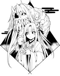 Rule 34 | 1girl, commentary request, copyright request, flower, greyscale, hair flower, hair ornament, horns, japanese clothes, kimono, long hair, long sleeves, looking at viewer, monochrome, monster, parted bangs, sharp teeth, shiseki hirame, single horn, slit pupils, teeth, worm