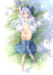Rule 34 | 1girl, absurdres, blue bow, bow, chinese commentary, dress, hair bow, highres, indie virtual youtuber, long hair, looking at viewer, purple eyes, shanoa (vtuber), silver hair, solo, two side up, virtual youtuber, white background, zhongchun ci