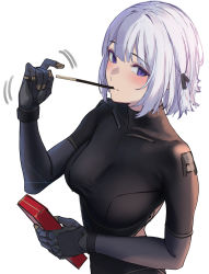 Rule 34 | 1girl, 3 small spiders, absurdres, arm up, blush, closed mouth, commentary, food, food in mouth, from side, girls&#039; frontline, highres, holding, holding food, holding pocky, looking at viewer, pocky, pocky in mouth, rpk-16 (girls&#039; frontline), smile, solo, standing, upper body, white background