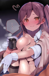 Rule 34 | 1girl, ahoge, atsutoku, black socks, blanket, blouse, blush, breasts, covered erect nipples, cup, gloves, hagikaze (kancolle), highres, kantai collection, kneehighs, large breasts, legs together, long hair, one side up, open clothes, open shirt, purple hair, shirt, socks, solo, sweat, teacup, white gloves, yellow eyes