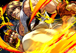 Rule 34 | 1boy, alternate color, beard stubble, biceps, buru-dai, clenched hand, dougi, facial hair, fighting stance, fingerless gloves, fire, gloves, grin, ken masters, kicking, large pectorals, male focus, muscular, muscular male, pectorals, red gloves, smile, street fighter, stubble