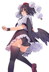 Rule 34 | 1girl, :p, akagashi hagane, ass, black hair, black panties, black skirt, black thighhighs, black wings, blush, breasts, closed mouth, feathered wings, frilled skirt, frills, from behind, hat, looking at viewer, looking back, medium breasts, mole, mole on thigh, panties, pantyshot, pom pom (clothes), red eyes, red footwear, red hat, shameimaru aya, shirt, short sleeves, simple background, skindentation, skirt, smile, solo, sweatband, thighhighs, tokin hat, tongue, tongue out, touhou, underwear, upskirt, white background, white shirt, wings