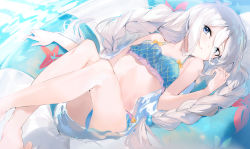 Rule 34 | 1girl, afloat, aida (chinhung0612), bare arms, bare legs, bare shoulders, bikini, blue bikini, blue eyes, bow, braid, feet out of frame, hair between eyes, hair bobbles, hair ornament, highres, innertube, kokkoro (princess connect!), kokkoro (real) (princess connect!), long hair, midriff, multiple braids, parted lips, partially submerged, princess connect!, solo, sparkle, swim ring, swimsuit, twin braids, twintails, very long hair, water, white hair, yellow bow