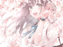Rule 34 | 1girl, :d, blue ribbon, blurry, blurry background, blurry foreground, blush, breasts, brown eyes, brown hair, collared shirt, commentary request, depth of field, dress shirt, flower, hand up, klasse14, kurihara sakura, long hair, neck ribbon, open mouth, original, pink flower, ribbon, shirt, small breasts, smile, solo, teeth, upper body, upper teeth only, watch, white shirt, wristwatch