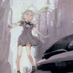 Rule 34 | 1girl, bad id, bad pixiv id, blue eyes, car, highres, motor vehicle, nimirom, original, outstretched arms, solo, spread arms, vehicle, white hair, wind