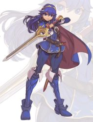 Rule 34 | 1girl, belt, blue cape, blue dress, blue eyes, blue footwear, blue hair, blue pants, boots, brown belt, cape, commentary, covered navel, dress, edwin huang, english commentary, eyebrows, falchion (fire emblem), fire emblem, fire emblem awakening, floating cape, floating hair, gold hairband, hairband, head tilt, holding, holding sword, holding weapon, long hair, lucina (fire emblem), nintendo, pants, solo, sword, thigh boots, thighhighs, weapon, zoom layer