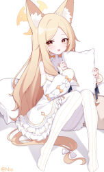 Rule 34 | 1girl, absurdres, animal ear fluff, animal ears, blonde hair, blue archive, commentary request, detached sleeves, dress, halo, highres, holding, holding pillow, long hair, looking at viewer, open mouth, pantyhose, pillow, poinia, seia (blue archive), simple background, smile, solo, striped clothes, striped pantyhose, twitter username, vertical-striped clothes, vertical-striped pantyhose, white background, white dress, white pantyhose, white sleeves, yellow eyes, yellow halo