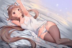 Rule 34 | 1girl, ahoge, arknights, armpits, arms behind head, arms up, bare shoulders, black thighhighs, bluerabbit gap, blush, brown eyes, brown hair, camisole, commentary, dutch angle, eyjafjalla (arknights), feet out of frame, highres, horns, long hair, looking at viewer, lying, on side, panties, parted lips, sheep horns, solo, spaghetti strap, thighhighs, thighs, underwear, very long hair, white panties