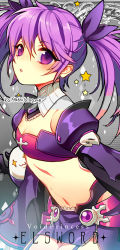 Rule 34 | 1girl, aisha landar, angkor (elsword), bare shoulders, breasts, character name, cleavage, cowboy shot, elsword, garter straps, hair between eyes, looking at viewer, miniskirt, parted lips, pencil skirt, pika (kai9464), purple eyes, purple hair, revealing clothes, skirt, small breasts, solo, stomach, tagme, thighs, void princess (elsword)