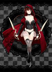 Rule 34 | 1girl, absurdres, arizuka (catacombe), boots, braid, breasts, bustier, cape, circle, cleavage, crossed legs, detached sleeves, doilies, dual wielding, grin, highres, holding, hood, knee boots, large breasts, little red riding hood, long hair, original, panties, red cape, red eyes, red hair, smile, solo, sword, thighhighs, twin braids, underwear, watson cross, weapon