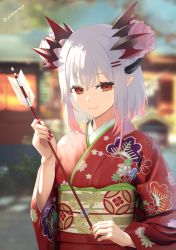 Rule 34 | 1girl, nanashi inc., absurdres, arrow (projectile), blurry, blurry background, closed mouth, commentary request, day, depth of field, double bun, gradient hair, hair bun, hair ornament, hairclip, hamaya, highres, holding, holding arrow, honey strap, huge filesize, japanese clothes, kimono, long sleeves, looking at viewer, multicolored hair, nail polish, obi, outdoors, pink hair, pointy ears, print kimono, red eyes, red kimono, red nails, sash, short hair, silver hair, smile, solo, suou patra, twitter username, upper body, virtual youtuber, wide sleeves, yatarime