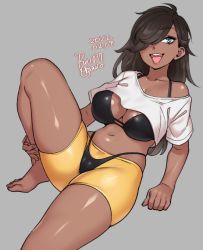 Rule 34 | 1girl, agawa ryou, ahoge, arm support, artist name, bike shorts, bikini, black bikini, blue eyes, breasts, brown hair, brown lips, cameltoe, cleavage, cleft of venus, collarbone, commentary, crop top, dated, english commentary, feet out of frame, grey background, hair over one eye, halterneck, hand on own leg, highleg, highleg bikini, long hair, looking at viewer, medium breasts, navel, numbered, off shoulder, open mouth, original, round teeth, shirt, shorts, simple background, sitting, skindentation, smile, solo, swept bangs, swimsuit, teeth, upper teeth only, white shirt, yellow shorts