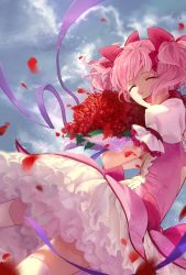 Rule 34 | 1girl, ^ ^, bouquet, bubble skirt, closed eyes, cloud, cloudy sky, cowboy shot, day, facing viewer, floating hair, flower, frilled skirt, frilled sleeves, frills, hair ribbon, highres, holding, holding bouquet, kaname madoka, laughing, leaf, legs apart, lin nulixiulian, mahou shoujo madoka magica, mahou shoujo madoka magica (anime), open mouth, outdoors, petals, pink hair, pink ribbon, puffy short sleeves, puffy sleeves, purple ribbon, red flower, red rose, ribbon, rose, short sleeves, short twintails, skirt, sky, solo, sparkle, sunlight, teeth, thighhighs, too many, too many frills, twintails, upper teeth only, white skirt, white thighhighs, zettai ryouiki