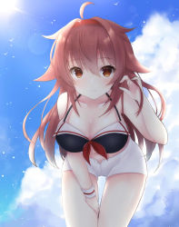 Rule 34 | 1girl, ahoge, bad id, bad pixiv id, bent over, bikini, bikini shorts, bikini top only, bird, black bikini, blue sky, blush, breasts, brown eyes, brown hair, cleavage, cloud, cola, cowboy shot, day, floating hair, hair between eyes, hair flaps, hairband, hand in own hair, hand on lap, kantai collection, large breasts, lens flare, long hair, looking at viewer, midriff, navel, open clothes, open shorts, outdoors, red hairband, red ribbon, ribbon, shiny skin, shiratsuyu (kancolle), short shorts, shorts, sky, smile, solo, standing, stomach, sun, sunlight, swimsuit, tosakaoil, very long hair, white shorts