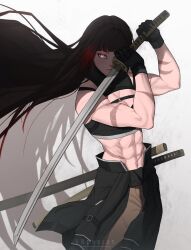 Rule 34 | 1girl, abs, artist name, bare shoulders, black hair, blue eyes, blunt bangs, breasts, cleavage, closed mouth, clothes around waist, gloves, highres, holding, holding sword, holding weapon, long hair, looking at viewer, medium breasts, midriff, multicolored eyes, multicolored hair, muscular, muscular female, one eye covered, original, red eyes, scar, scar on arm, scar on stomach, shadow, sheath, simple background, solo, standing, streaked hair, sword, vnphecan, weapon