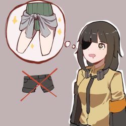 Rule 34 | 2girls, brown eyes, brown hair, clothes around waist, eyepatch, gar32, girls&#039; frontline, green leotard, headphones, headphones around neck, highres, imagining, jacket, jacket around waist, leotard, long hair, m16a1 (girls&#039; frontline), m4a1 (girls&#039; frontline), multiple girls, necktie, open mouth, outline, ribbed leotard, shirt, shorts, simple background, thought bubble, white outline, yellow shirt