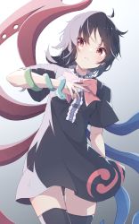 Rule 34 | 1girl, absurdres, ahoge, asymmetrical wings, black dress, black hair, black thighhighs, blue wings, blush, bow, bowtie, center frills, commentary, cowboy shot, dress, frills, gradient background, grey background, highres, houjuu nue, looking at viewer, medium hair, nail polish, nankotsu, parted lips, red bow, red bowtie, red eyes, red wings, short dress, short sleeves, simple background, snake, solo, thighhighs, touhou, white background, wings, zettai ryouiki