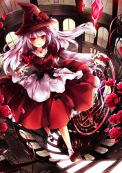 Rule 34 | 1girl, bad deviantart id, bad id, chandelier, crystal, flower, hair ornament, hairclip, hat, highres, jewelry, long hair, magic circle, necklace, original, red eyes, rose, silver hair, solo, witch hat, yukihomu