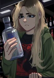 Rule 34 | 1girl, absolut vodka, absurdres, alcohol, black eyes, black sweater, blonde hair, bottle, convenience store, green jacket, highres, holding, holding bottle, jacket, jessie (veyonis), long hair, looking at object, messy hair, nervous, original, print shirt, shirt, shop, shopping, supermarket, sweater, veyonis, vodka