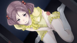 Rule 34 | 10s, 1girl, alternate costume, between legs, cloritin, dutch angle, food print, frills, from above, hair bobbles, hair ornament, hand between legs, indoors, kantai collection, kneeling, looking at viewer, open mouth, pajamas, pink eyes, pink hair, sazanami (kancolle), short hair, solo, strawberry print, twintails, white legwear