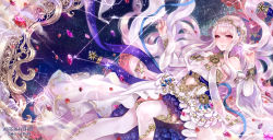 Rule 34 | 1girl, artist name, blue ribbon, blush, breasts, clothing cutout, constellation, detached sleeves, dress, floating hair, hair ornament, haruci, highres, large breasts, long hair, navel cutout, original, red eyes, ribbon, sideboob, silver hair, smile, solo, thighhighs, very long hair, white dress, white thighhighs