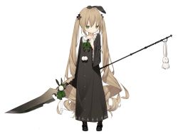 Rule 34 | 1girl, black dress, black footwear, black ribbon, boots, bow, brown hair, closed mouth, commentary, copyright request, dress, glaive (polearm), green bow, green eyes, hair between eyes, hair ribbon, holding, holding weapon, jitome, long hair, long sleeves, low twintails, mabuta (byc0yqf4mabye5z), polearm, pom pom (clothes), ribbon, simple background, solo, stuffed animal, stuffed rabbit, stuffed toy, twintails, very long hair, weapon, white background, wide sleeves