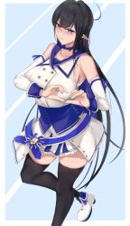 Rule 34 | 1girl, bare shoulders, black hair, black thighhighs, blue archive, blue background, blue choker, blue eyes, blush, breasts, choker, closed mouth, collarbone, detached sleeves, embarrassed, foot out of frame, glasses, halo, heart, heart hands, highres, large breasts, long hair, long sleeves, looking at viewer, pointy ears, rin (blue archive), solo, thighhighs, thighs, tyamurai33, white footwear, white sleeves
