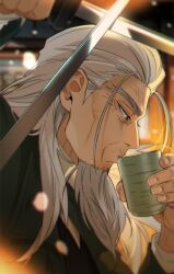 Rule 34 | 1boy, beard, blurry, blurry background, cheekbones, cup, drinking, facial hair, golden kamuy, grey eyes, hijikata toshizou (golden kamuy), hinna anything, holding, holding sword, holding weapon, indoors, long hair, old, old man, parrying, solo focus, sword, weapon, white hair, yunomi