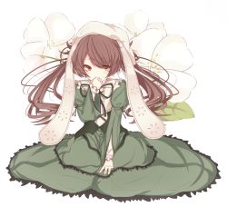 Rule 34 | 00s, 1girl, alternate hairstyle, bad id, bad pixiv id, brown hair, covering own mouth, dress, flower, hand over mouth, hand over own mouth, long hair, meet neet, red eyes, ribbon, rozen maiden, sitting, solo, suiseiseki, wariza, yaduki
