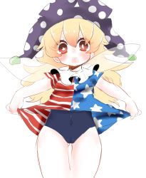 Rule 34 | 1girl, absurdres, american flag dress, bad id, bad twitter id, blonde hair, blush, clothes lift, clownpiece, collar, covered navel, dress, dress lift, fairy wings, frilled collar, frilled shirt collar, frills, gluteal fold, gyuunyuu jirou, hat, highres, jester cap, lifted by self, long hair, looking at viewer, neck ruff, open mouth, polka dot, red eyes, school swimsuit, shirt, shirt lift, short sleeves, simple background, sketch, solo, standing, star-shaped pupils, star (symbol), striped, swimsuit, symbol-shaped pupils, thick eyebrows, touhou, white background, wings