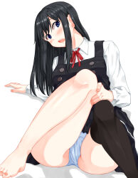 Rule 34 | 1girl, asashio (kancolle), barefoot, black dress, black hair, black thighhighs, blue eyes, blush, collared shirt, commentary request, crotch seam, dress, dress shirt, fingernails, highres, izumo konata, kantai collection, long hair, long sleeves, looking at viewer, open mouth, panties, pinafore dress, shirt, short sleeves, simple background, single thighhigh, sitting, sleeveless dress, smile, solo, teeth, thighhighs, underwear, upper teeth only, white background, white panties, white shirt