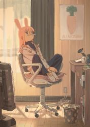Rule 34 | 1girl, animal ears, animal print, bored, carrot, chair, commentary, cup, curtains, cushion, desk, feet on chair, figure, full body, heater, highres, holding own foot, hood, hood down, hoodie, knees apart feet together, light frown, long hair, long sleeves, looking away, mug, nerio (neri akira), no shoes, office chair, original, pants, pencil, pencil as mustache, pink hair, poster (object), rabbit ears, rabbit print, sitting, socks, solo, sticker, swivel chair, thinking, trash can, wooden floor