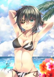 Rule 34 | 10s, 1girl, armpits, arms behind head, arms up, bad id, bad pixiv id, bare arms, bare shoulders, bikini, black bikini, black ribbon, blue sky, blush, breasts, cleavage, cloud, collarbone, cowboy shot, dated, day, eyepatch, flower, green eyes, green hair, hair between eyes, hibiscus, highres, horizon, kantai collection, kiso (kancolle), medium breasts, navel, no headwear, ocean, one eye covered, outdoors, parted lips, ribbon, short hair, side-tie bikini bottom, signature, sitting, sky, solo, stomach, swimsuit, tsurime, water, yuihira asu