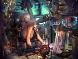 Rule 34 | 1girl, android, barefoot, blood, blood on clothes, blouse, blue shirt, bob cut, bottomless, brain, cable, chromatic aberration, computer, corpse, dark-skinned female, dark skin, death, english text, erlenmeyer flask, feet, female focus, flask, highres, knees together feet apart, lab coat, laboratory, looking away, mechanical parts, monitor, original, red eyes, shirt, shoichi (ekakijin), short hair, sign, sitting, solo, sparks, text focus, toes, warning sign, white hair