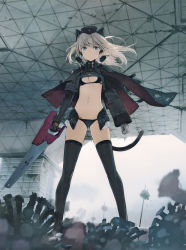 Rule 34 | 1girl, absurdres, animal ears, arms at sides, bikini, black bikini, black thighhighs, blue eyes, blurry, breasts, cat ears, cat tail, cleavage, cropped, cropped jacket, depth of field, elbow gloves, fake animal ears, garrison cap, gloves, gluteal fold, hand saw, hat, highres, light brown hair, light smile, long hair, looking at viewer, navel, non-web source, original, saw, scan, shimada fumikane, small breasts, solo, standing, swimsuit, tail, thighhighs, tokyo big sight, underboob, virus