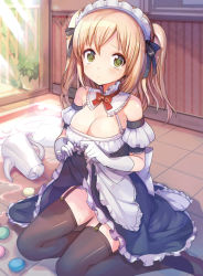 Rule 34 | 1girl, apron, bad id, bad pixiv id, bare shoulders, blonde hair, blush, breasts, cleavage, garter straps, green eyes, highres, konbu wakame, looking at viewer, maid, maid apron, maid headdress, md5 mismatch, moe2015, original, revision, short hair, sitting, skirt, solo, spill, teapot, tears, thighhighs, twintails, two side up, wariza