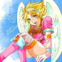 Rule 34 | 1girl, angel wings, armor, blonde hair, boots, breath of fire, breath of fire i, dated, feathered wings, gloves, green eyes, hairband, hanaba komao, knee boots, leotard, looking at viewer, nina (breath of fire i), short hair, smile, solo, thighhighs, twitter username, white wings, wings