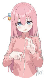 Rule 34 | 1girl, absurdres, blue eyes, blush, bocchi the rock!, cropped torso, cube hair ornament, gotoh hitori, hair between eyes, cube hair ornament, hair ornament, highres, jacket, long hair, looking at viewer, myung yi, one side up, open mouth, pink hair, pink jacket, simple background, smile, solo, track jacket, v, wavy mouth, white background