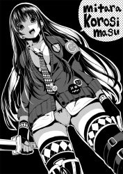 Rule 34 | 1girl, :d, argyle, attsun (atsushi jb), bad id, bad pixiv id, black hair, cardigan, fingerless gloves, gloves, greyscale, monochrome, necktie, no pants, open mouth, original, panties, simple background, smile, solo, sword, thighhighs, underwear, weapon